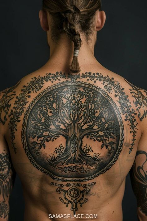 22+ Viking Tattoo For Men - Ideas and Design Yggdrasil Back Tattoo, Viking Tattoo For Men, Nordic Back Tattoo, Mens Rib Tattoo, Viking Tattoos For Men, Viking Warrior Tattoos, Mastectomy Tattoo, Warrior Tattoos, Viking Tattoos