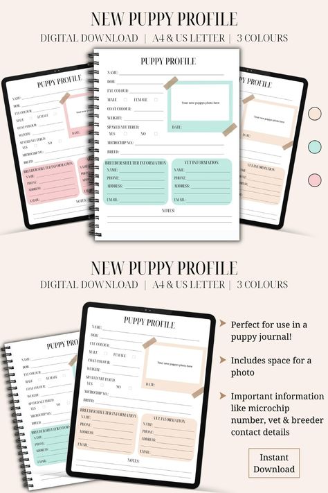 Getting a new pup? Congratulations! Document your journey with our gorgeous new puppy profile. A perfect starter to a puppy journal or for use on its own to note down those important details when you first pick up your new pup.

What you get:
- 2 print sizes included: A4 & US Letter in portrait orientation in PDF format
- 3 colours included Puppy Binder, Puppy Journal, Pet Printables, Pet Planner, Home Day Care, Day Journal, Newborn Puppies, Dog Essentials, Gotcha Day