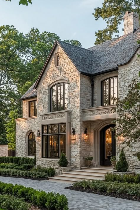 German Style House Exterior, Manor Style Homes, French Modern Tudor, Stone Tudor House, Modern French House Exterior, Tudor Style Homes Interior, Modern French Mansion, Modern Manor House, Modern Tudor House Exterior