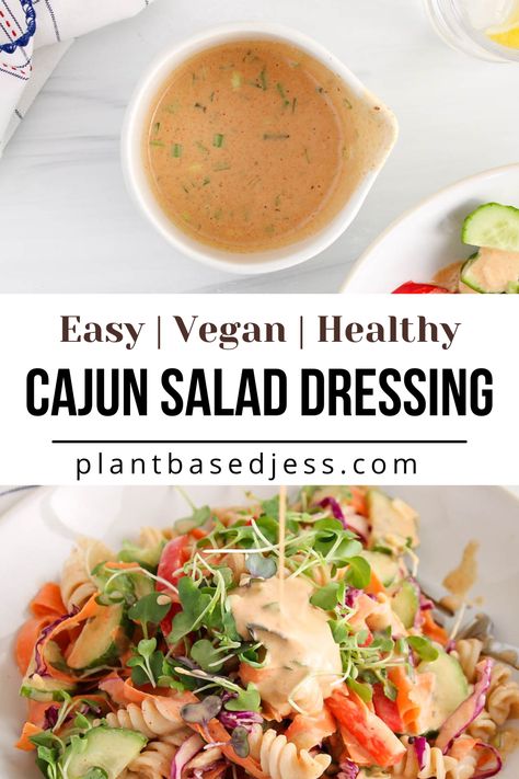 View on a bowl filled with a creamy cajun salad dressing Cajun Salad Dressing, Cajun Salad, Dips Cream Cheese, Vegan Sauces And Dressings, Cajun Spice Blend, Healthy Dressings, Noodle Salads, Vegan Cajun, Cheese Sauces