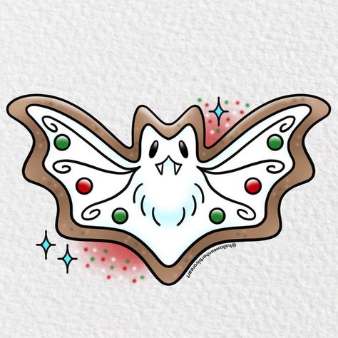 Two versions of this bat cookie, bff/couple tattoos. Are you getting the regular cookie or the chomped version? Available as tattoo… | Instagram Christmas Cookie Drawing, Cookie Doodle, Yule Drawings, Yule Tattoo, Cookie Tattoo, Christmas Tattoo Ideas, Cookie Drawing, Shadow Tattoo, Bat Tattoo