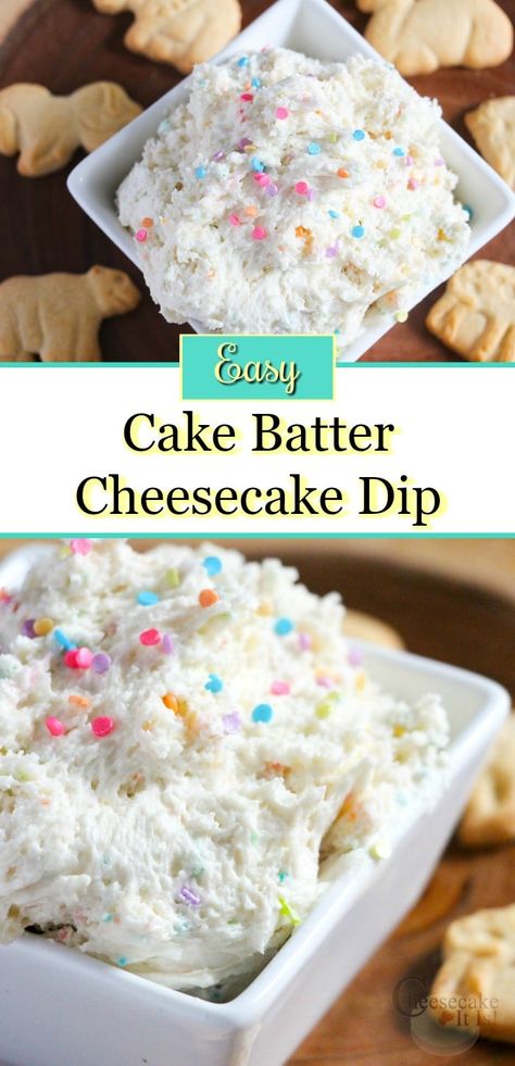 Need to whip up an easy yet delicious sweet treat? This easy cake batter cheesecake dip only takes a few minutes and ingredients to make. Tailgating Sweet Treats, Summer Dessert Dip Recipes, Dessert For Game Night, Few Ingredient Dips, Cold Sweet Dips, Cake Pop Dip Recipe, Cool Whip Cheesecake Dip, Easy Birthday Party Desserts, Easy Sweet Party Snacks