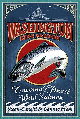 Tacoma, Washington - Salmon Vintage Sign (16x24 Giclee Gallery Print, Wall Decor Travel Poster) Salmon Art, Alaska Salmon, King Salmon, Whidbey Island, Anchorage Alaska, Retro Travel Poster, Antique Maps, Dark Yellow, Dark Forest