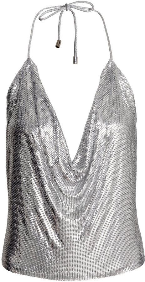 H&M Halterneck Top in Metal Mesh - Silver-colored Backless Dress Summer, Sparkle Party, Denim Sweater, Backless Top, Women Tank Tops, Halter Neck Top, Halter Crop Top, Party Tops, Primavera Estate