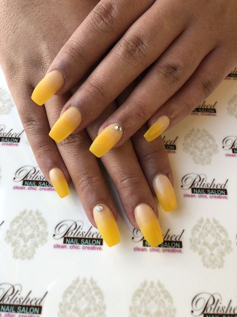 Yellow ombré 😍💎💅🏼 #nailswag #nailart #naildesign #instanails #nailsokc #okcnails #yukonsbest #okcBest #okc #nails #nailaddict #nailfie #getpolished #okcnailtechs #nailspiration #polishednailsok #getPamperedAtPolished #naillove #notd #nailsoftheday #nailartclub #polishednailsalon #OkieHonorWinner #bestNailSalon #readerschoice Orange And Yellow Ombre Nails, Mustard Ombre Nails, Ombre Yellow Nails Coffin, Yellow Nail Extensions, Neon Yellow Ombre Acrylic Nails, Tropical Vacation Nails, Best Nail Salon, Cute Nail Colors, Nail Design Video