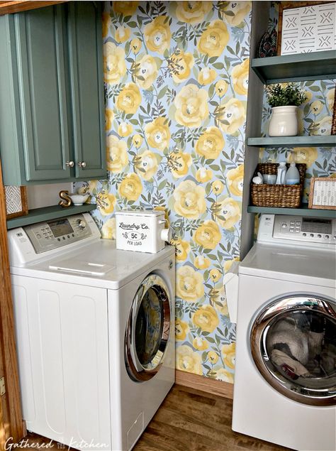 Wallpapered Laundry Room, Room With Floral Wallpaper, Laundry Room With Wallpaper, Room With Wallpaper, Wallpaper Laundry Room, Wallpaper Laundry, Yellow Laundry Rooms, Functional Laundry Room, Laundry Room Tile