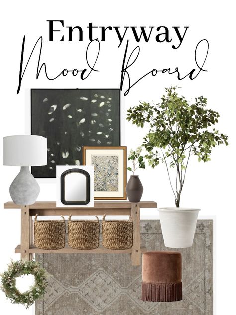 Entryway with wood table, vintage rug, modern art, faux tree Entryway Mood Board, Modern Traditional Entryway, Home Decor Mood Board, Decor Mood Board, Traditional Entryway, Traditional Home Decor, Fall Living Room Decor, Entry Way Design, Home Entrance Decor