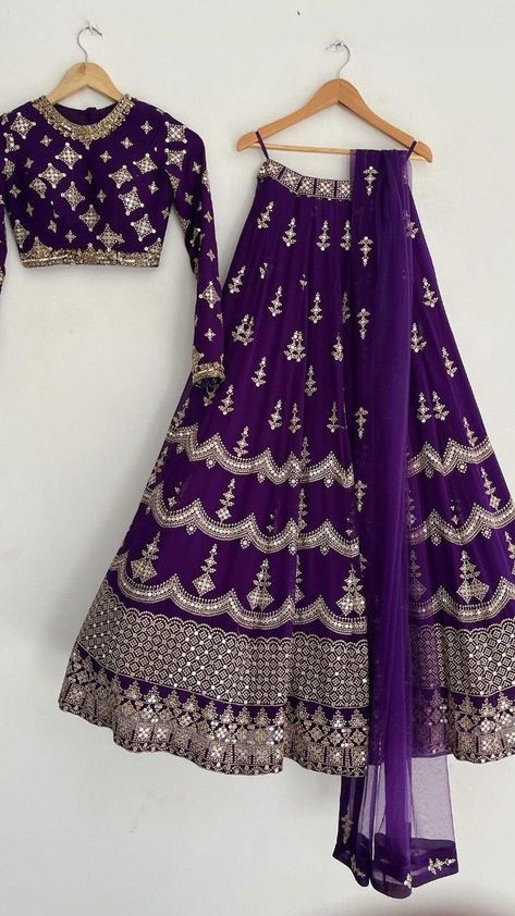 Sequence Work Embroidery, Purple Lehenga, Heavy Lehenga, Purple Bridesmaid Dress, Yellow Lehenga, Stitched Lehenga, Work Lehenga, Georgette Dupatta, Indian Wedding Wear