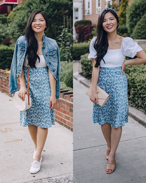 Casual Summer Outfits for Women: White Top, Blue Floral Midi Skirt Blue Flowered Skirt Outfit, Navy Floral Skirt Outfit, Blue Skirt And White Top, White Top And Skirt Outfit, Striped Midi Skirt Outfit, Blue Skirt Outfit Ideas, Blue Floral Skirt Outfit, Blue Midi Skirt Outfit, Floral Midi Skirt Outfit