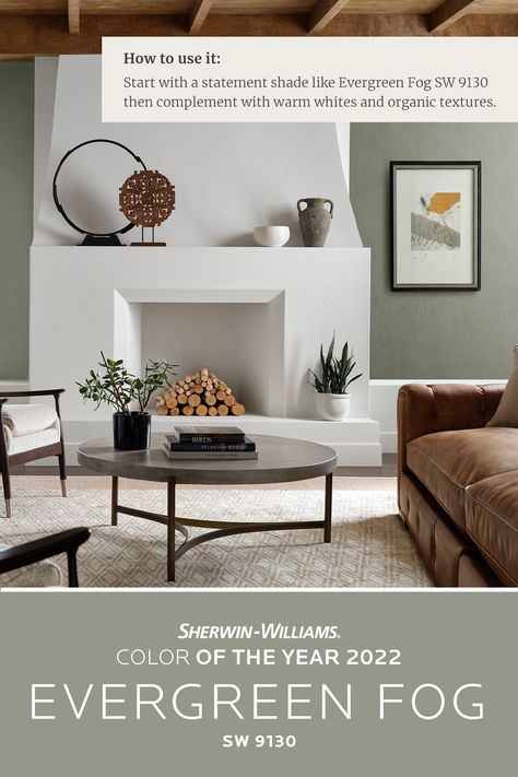 Give your living room a modern, sophisticated refresh with walls painted in the Sherwin-Williams 2022 Color of the Year, Evergreen Fog SW 9130. Need painting project inspiration? Tap this pin to order free color chips or an 8" x 8" peel & stick sample. #SWColoroftheYear #sherwinwilliams #diy #diypainting #livingroom #paint #painting #interiordesign #decor Sage Green Paint Color, Evergreen Fog, Sage Green Paint, Living Room Wall Color, Room Wall Colors, Sherwin Williams Colors, Gray Paint, Green Paint Colors, Room Paint Colors