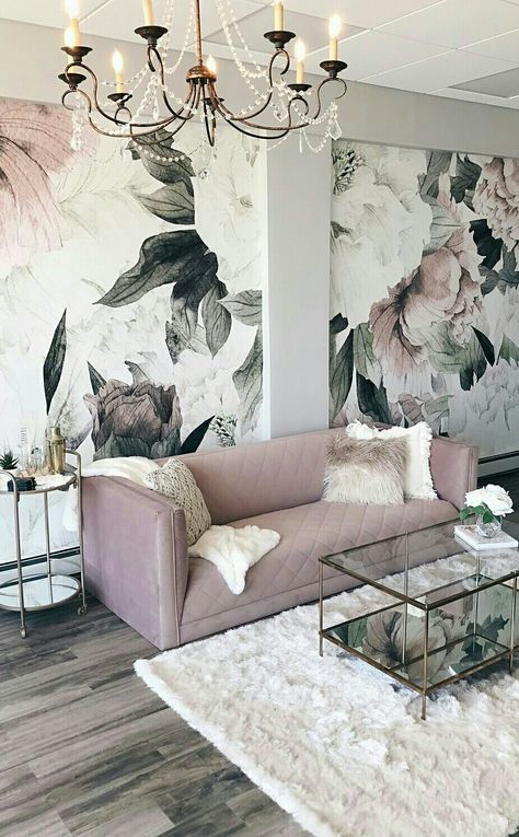 Modern Glam Interior Design, Glam Interior Design, Salon Interior Design, Salon Design, The Ceiling, A Living Room, Beauty Room, 인테리어 디자인, Floral Wallpaper