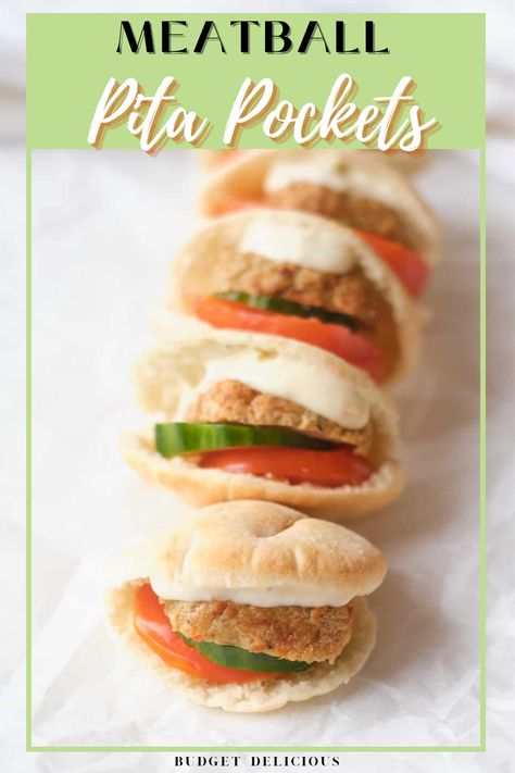 These 5 ingredient Meatballs Pita Pockets, made with pantry staples, are the perfect easy back to school eat, family dinner, appetizer, or snack. Best Meatball Appetizer, Meatball Pita, Meatball Appetizer Recipes, Recipes For A Party, Pita Pocket Recipes, Awesome Sandwiches, Meatball Appetizer, Meatball Appetizer Recipe, School Lunch Boxes