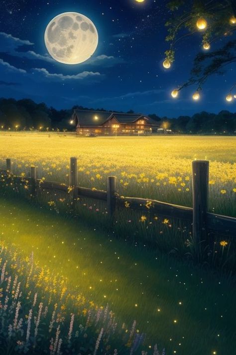 Paddy Field, Background Anime, Beautiful Painting, Beautiful Paintings, Painting Art, Full Moon, Art Painting, Moon, Anime