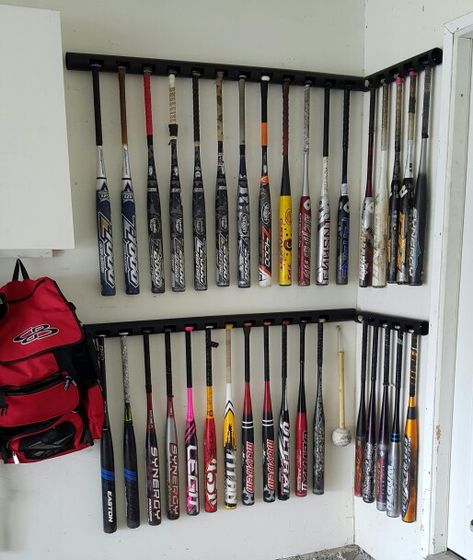 PVC pipe bat rack Baseball Bat Storage Ideas, Garage Batting Cage, Baseball Bat Organization, Diy Batting Cage Pvc, Baseball Bat Storage, Bat Rack Diy Baseball, Bat Storage, Baseball Facility, Southern Eclectic