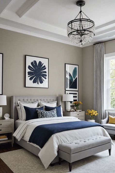 Navy House Decor Ideas, Blue And Gray Guest Bedroom, Neutral Bedroom Interior, Guest Bedroom Color Ideas, Blue Guest Bedroom Ideas, Neutral Room Ideas, Navy House, Calming Bedroom Colors, Guest Room Colors