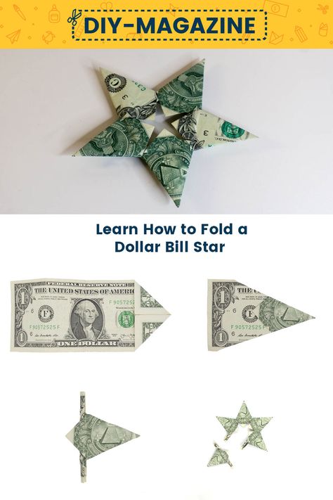 How to Make a 5 pointed Star out of Dollar Bills Money Star Origami, Origami Dollar Bill Easy, Dollar Origami Easy Step By Step, How To Fold Dollar Bills Into Shapes, Dollar Bill Origami Easy Step By Step, Origami With Money, Origami Dollars, Dollar Oragami, Dollar Folding