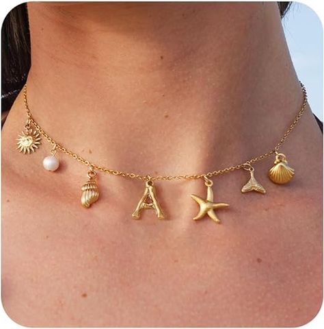 Surfer Girl, Initial Charm, Beach Jewelry, Starfish, Charm Necklace, Gold Necklace, Charms, Collar, For Women