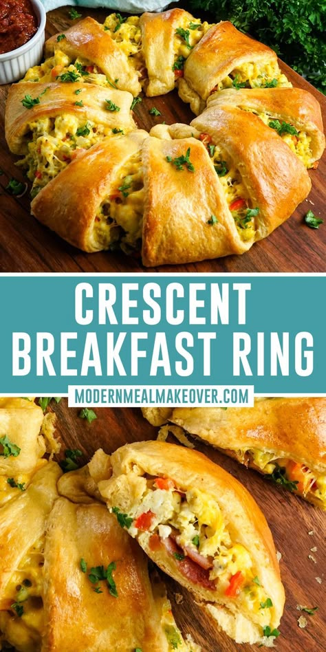 Crescent breakfast ring on a wood cutting board. Breakfast Crescent Ring, Breakfast Crescent, Crescent Roll Recipes Dinner, Breakfast Ring, Crescent Breakfast, Crescent Roll Breakfast Recipes, Crescent Recipes, Breakfast Crescent Rolls, Crescent Ring