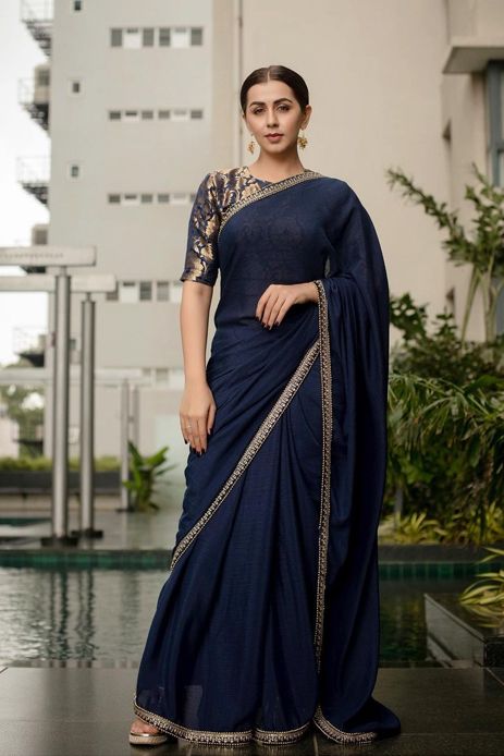 Nikki Galrani's festive look in Navy Blue saree is perfect for your best friend's engagement Navy Blue Saree, Saree Wearing Styles, Sarees For Girls, Simple Saree Designs, Fashionable Saree Blouse Designs, Indian Saree Blouses Designs, Simple Sarees, Indian Fashion Saree, Saree Designs Party Wear