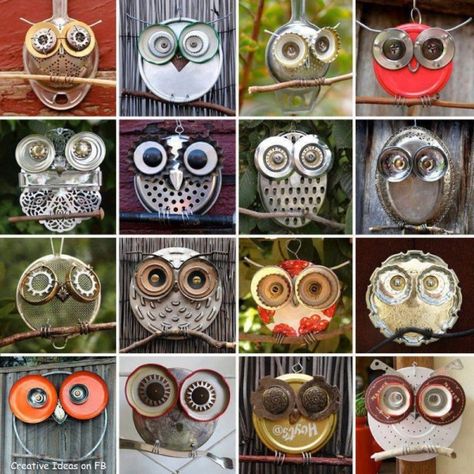 How adorable are these #recycled owls? Great for outdoor #eco #decor! Pictures Of Owls, Garden Owl, Owl Crafts, Diy Yard, Junk Art, Recycled Art, Can Crafts, Owl Art, Recycled Crafts