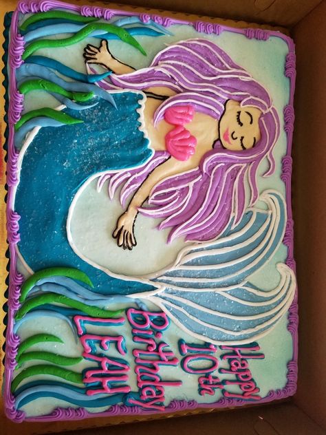 Mermaid themed birthday cake Mermaid Birthday Sheet Cake Ideas, Mermaid Ice Cream Cake, Ariel Sheet Cake, Mermaid Sheet Cake Ideas, Mermaid Sheet Cake, Birthday Cake Mermaid, Mermaid Sheets, Birthday Cake Vanilla, Cake Mermaid