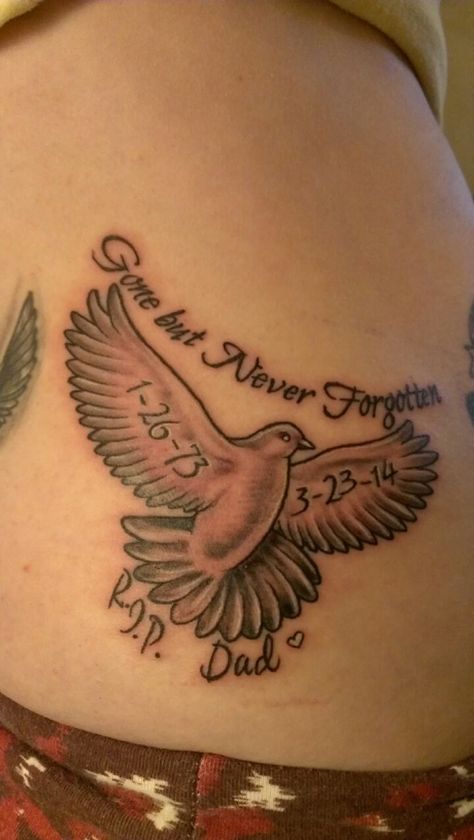 My 10th tattoo...my dad passed away a month ago and I felt the need to go get a tattoo. I miss you...gone but never forgotten. R.I.P Dad Dove Tattoo Ideas, White Dove Tattoos, Rip Tattoos For Dad, Memorial Tattoos Mom, Tattoos For Dad Memorial, Memorial Tattoo Ideas, Memorial Tattoo Designs, Rip Tattoo, Dove Tattoos