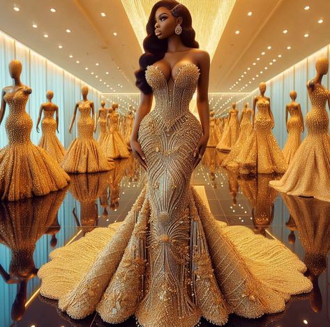 Mascarade Party Dresses, African Traditional Dresses Wedding, Ghanaian Dresses, Extravagant Wedding Dress, Gold Wedding Dresses, Wedding Area, Long White Wedding Dress, Goddess Wedding, Extravagant Wedding Dresses