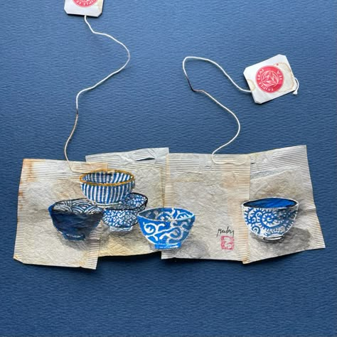 Teabags Art, Blue Sketchbook, Treasure Books, Tee Kunst, Sakura Painting, Watercolor Tea, Teabag Art, Tea Bag Art, 3d Collage