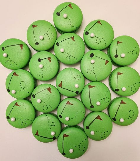 The Mac Lab - Golf Themed Macarons for a college golf... Themed Macarons, Macaron Flavors, Golf Theme, 40th Birthday, Cookie Decorating, Macarons, M S, Easter Eggs, Father's Day