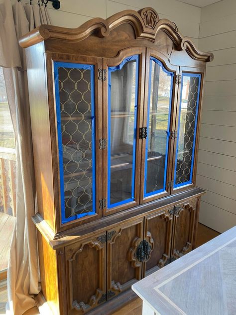 Farmhouse Style Hutch Makeover - The Happy Farmhouse Hutch Makeover Coffee Bar, Hutch Makeover Farmhouse, Painted China Cabinet Ideas, Painted Hutch Ideas, Hutch Makeover Diy, Farmhouse China Cabinet, China Hutch Makeover, China Cabinet Redo, China Cabinet Makeover