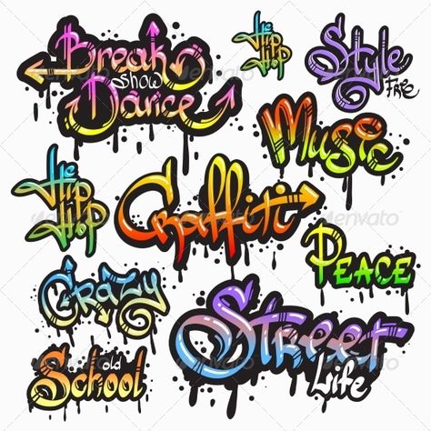 Expressive collection of graffiti urban youth art individual words digital spray paint creator grunge isolated vector illustration Graphitti Letters, Fonts Graffiti, Writing Graffiti, Cool Fonts Alphabet, Letters Graffiti, Graffiti Alphabet Styles, Alphabet Graffiti, Letters Fonts, Tattoo Graffiti