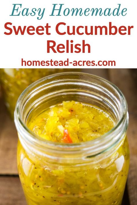 Homemade Sweet Cucumber Relish - Learn how to make this yummy homemade pickle relish it’s so easy! This step by step recipe will help you make a tasty sweet relish that your family will love to eat on hotdogs, hamburgers and more. #canning #relish #recipes #homesteadacres Canning Recipes Cucumber, Yellow Cucumber Relish, Easy Cucumber Relish, Recipes For Canning Cucumbers, Sweet Cucumber Relish Recipe Canning, Sweet Pickled Cucumber Recipe, Cucumber Sweet Relish, Homemade Sweet Relish From Cucumbers, Cucumber Ideas For Canning