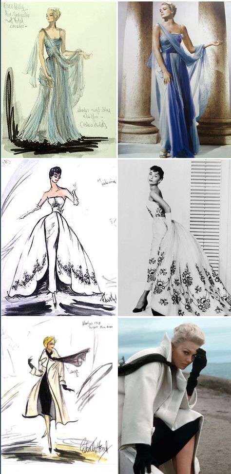 Hollywood Illustration, Edith Head Sketches, Scrapbook Fashion, Edith Head Designs, Edith Head Fashion, Sabrina 1954, Vertigo 1958, Fashion Illustration Face, Style Dark Academia