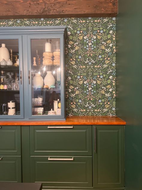 Green Cabinets And Wallpaper, Green Cabinets With Wallpaper, Wallpaper With Green Cabinets, Green Moody Kitchen, Wildwood Wallpaper, New Victorian Homes, Dining Room Refresh, Wallpaper Cabinets, Green Shelves