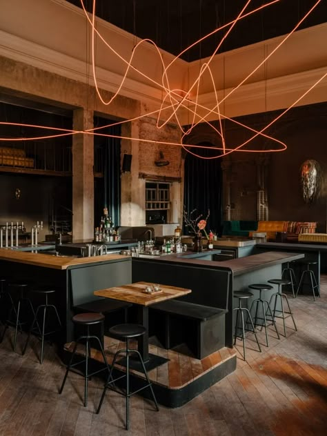 Kink restaurant in Berlin is dominated by a red-neon light installation Eclectic Spaces, Neon Rouge, Design Café, Industrial Building, Olafur Eliasson, Patio Style, Blue Curtains, Sushi Restaurants, Sushi Bar