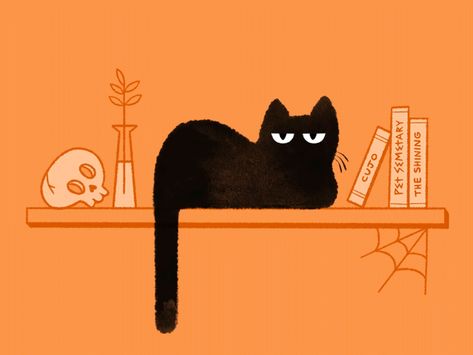 Black Cats Illustration, Autumn Cat Drawing, Autumn Cat Illustration, Cool Cat Illustration, Cute Cat Art Illustrations, Fall Cat Drawing, Spooky Line Art, Black Cat Art Cute, Cute Cats Illustration