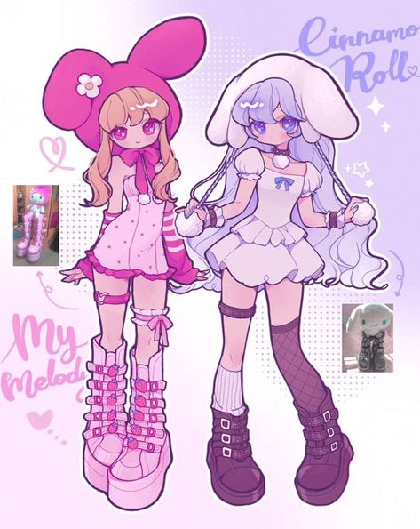 Hello Kitty Gijinka, Cute Pixel Art Sanrio, Sanrio Gijinka, Human My Melody, Sanrio As Humans, Cute Sanrio Drawings, Cutesy Art Style, Chibi Hello Kitty, My Melody And Cinnamoroll