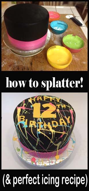 Paint Splatter Cake Paint Splatter Cake How To Make, Splatter Birthday Cake, Splatter Cake Tutorial, Splatter Cake Ideas, Paint Splatter Cupcakes, 80s Birthday Cake Ideas, Paint Cake Ideas, Glow Party Cake Ideas, Neon Splatter Cake