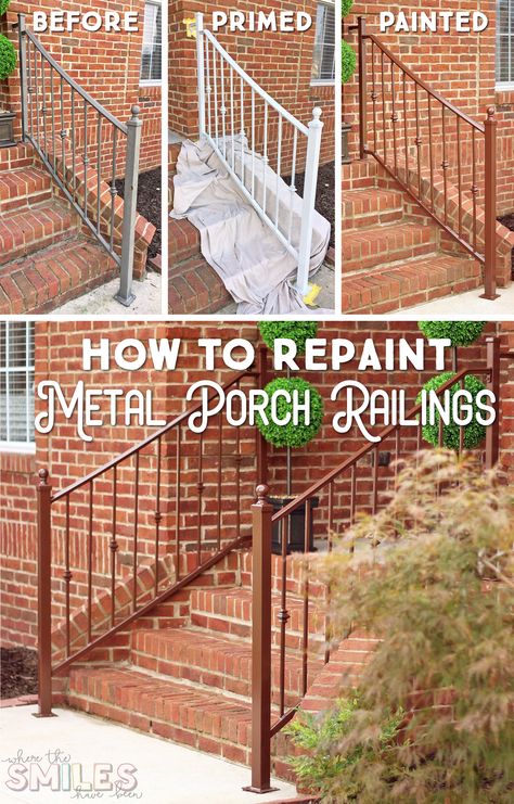 How to Repaint Metal Porch Railings & Add Instant Curb Appeal | Where The Smiles Have Been #curbappeal #repaintingrailings #homeimprovement #DIY #porch How To Paint Metal Railing Outside, Painting Iron Railing, Painting Metal Railings Outdoor, Paint Iron Railing, Painting Wrought Iron Railing, Patio Coverings, Curb Appeal Easy, Iron Railings Outdoor, Simple Diy Home Improvement