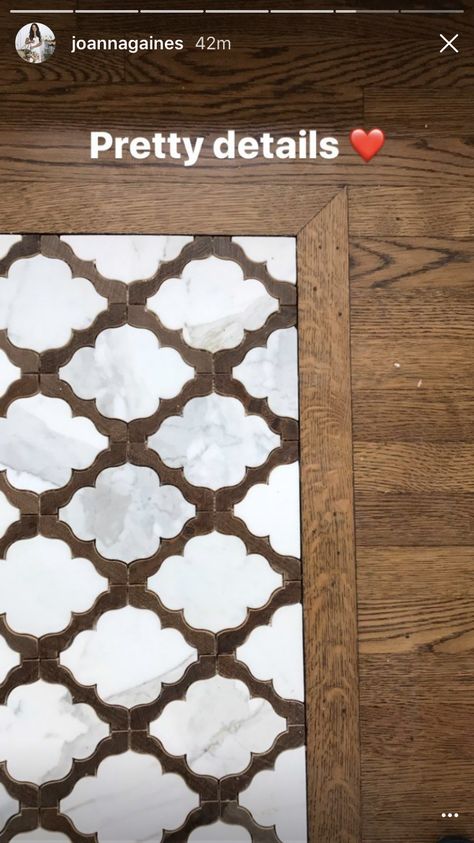 Joanne Gaines Fixer Upper Arabesque Tile inlay in Wood Flooring Joanne Gaines, Gaines Fixer Upper, Tile Inlay, Wood Tile Bathroom, Fixer Upper Bathroom, Inlay Flooring, Entryway Tile, Porcelain Wood Tile, Entryway Flooring