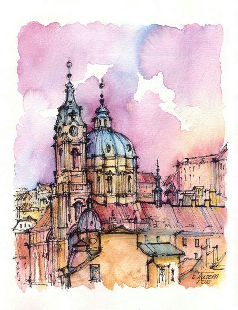 Watercolor Pencil Art, Fineliner Art, Watercolor Architecture, Architecture Drawing Art, Ink Watercolor, Watercolor Sketchbook, Illustration Watercolor, Art Simple, Watercolor Sketch