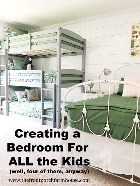 4 Kids In One Room, Triplets Bedroom, Gender Neutral Bedroom, Gender Neutral Bedroom Kids, Kids Bedroom Themes, Room With Bunk Beds, Neutral Kids Bedroom, Cabin Rooms, Kids Bedroom Makeover