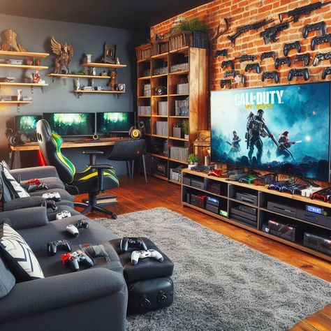 Aesthetic Game Room, Gamer Living Room, Downstairs Ideas, Aesthetic Game, Gamer Setup, Back Room, Video Games Xbox, Master Room, Dream Aesthetic