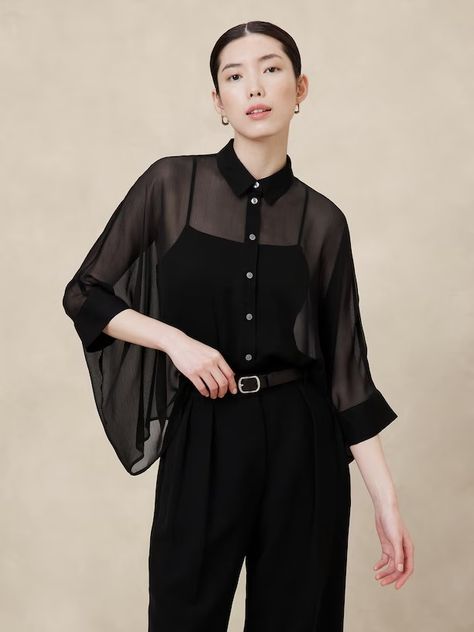 Shop All Women's Clothing | Banana Republic Factory Sheer Tuxedo Shirt, Eccentric Style Women, Inverted Triangle Fashion, Long Blouses, Auntie Era, Chanel Loafers, Three Quarter Sleeve Shirt, Eccentric Style, Clothing Wishlist