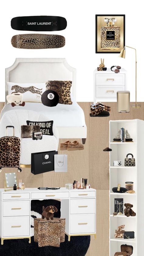 Designer Bedroom Aesthetic, Glamour Room Aesthetic, 90s Hip Hop Room, Throw Pillows Bedroom Arrangement, Dior Room Aesthetic, Leopard Theme Bedroom, Black And Leopard Bedroom, Leopard Room Aesthetic, Ahs Room Aesthetic