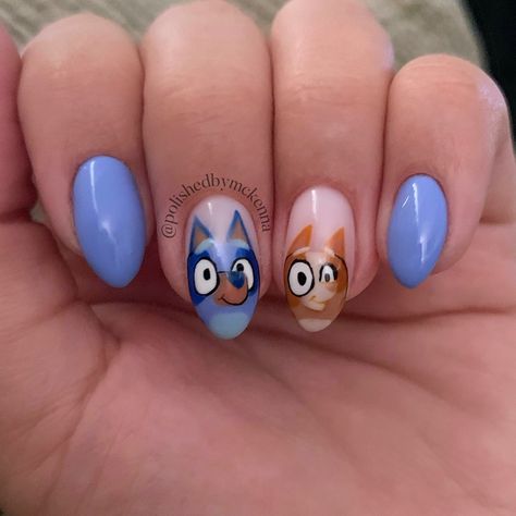 #blueynails Bluey Cartoon Inspired Nails, Bluey Bingo Inspired Nails, Bluey Dog Nails, Bluey And Bingo Nail Ideas, Bluey Themed Nails, Bluey Theme Nails, Bluey Cartoon Nail Art, Bluey Cartoon Nail Designs, Bluey Bingo Nails