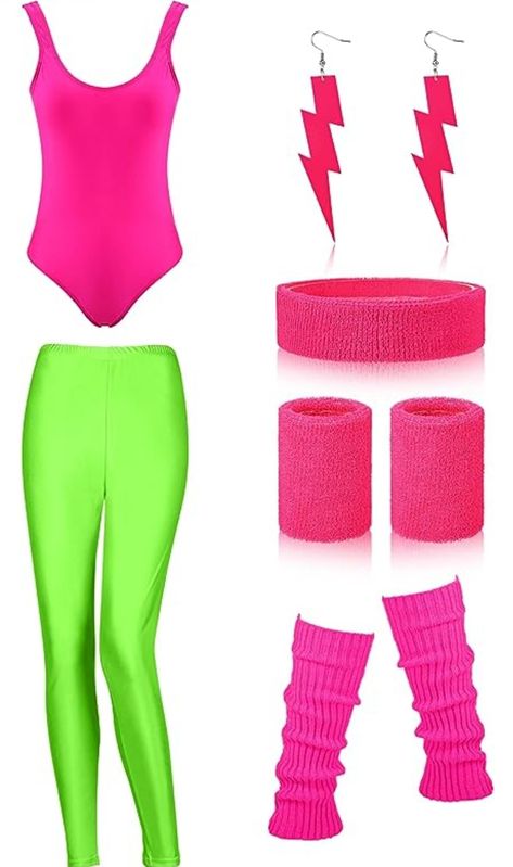 Super cute 89's/90's Barbie workout outfit with leotard, leggings, leg warmers, sweatband, wrist warmers, and lightning earrings. Glamrock Chica Cosplay, 80s Themed Costumes, 90s Workout, Workout Costume, 80s Workout Costume, Neon Bathing Suits, Jogging Leggings, Barbie Halloween Costume, Star Costume