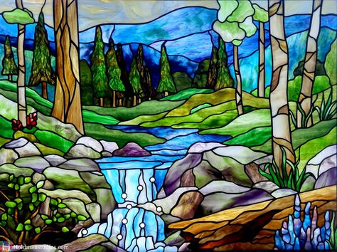 Stained Glass Forest Scene Window, Stained Glass Bevels, Lake Scene, زجاج ملون, Stained Glass Paint, Glass Mosaic Art, Tiffany Stained Glass, Glass Art Projects, Tiffany Glass