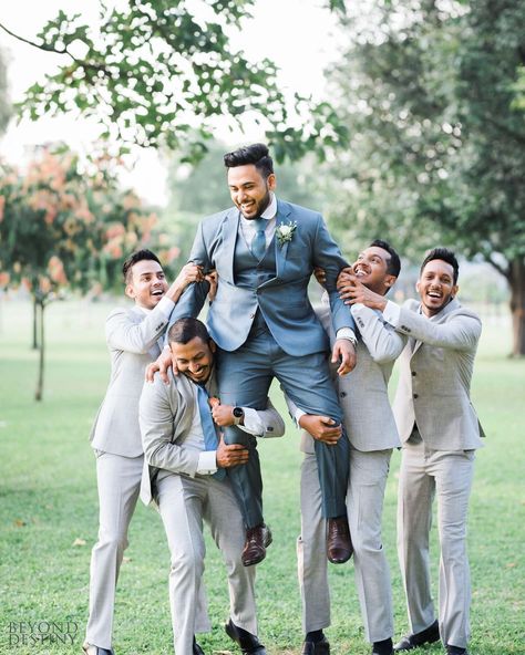 Groom In Blue Groomsmen In Grey, Grey And Dusty Blue Groomsmen Attire, Light Blue Wedding Groomsmen, Baby Blue Groomsmen Attire, Tan Groomsmen Suits, Tan Groomsmen, Navy Groomsmen Suits, Mamma Mia Wedding, Blue Groomsmen Suits