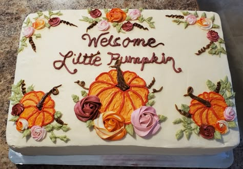 Thanksgiving Cakes Decorating, Fall Baby Shower Cake, Fall Cake Decorating, Fall Theme Cakes, Baby Shower Cake Sayings, Sheet Cakes Decorated, Baby Shower Sheet Cakes, Autumn Cakes, Pumpkin Theme Baby Shower